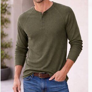 Sun + Stone Size L Olive Waffle Knit Henley Long Sleeve Casual Shirt